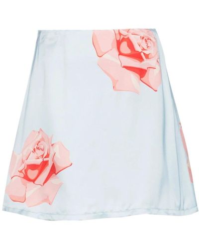 KENZO Falda azul con estampado de rosas en satén - Blanco