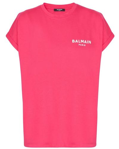 Balmain T-Shirt aus Baumwolle im Öko-Design mit kleinem beflocktem -Logo - Pink