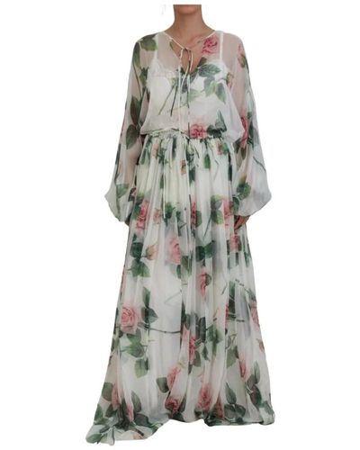 Dolce & Gabbana Weiße blumen seiden maxi kleid mit rosen - Grau