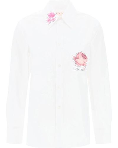 Marni Shirt with flower print patch and embroidered logo - Bianco