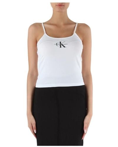 Calvin Klein Stretch-baumwolltop mit logo-stickerei vorne - Weiß
