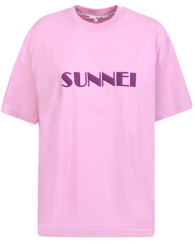 Sunnei Camiseta morada de algodón con logo bordado - Rosa