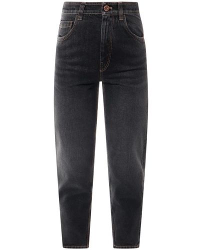 Brunello Cucinelli Pantalones de algodón grises con botón y cremallera - Negro
