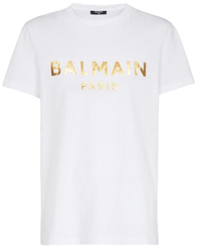 Balmain Maglietta bianca con stampa logo metallico - Bianco