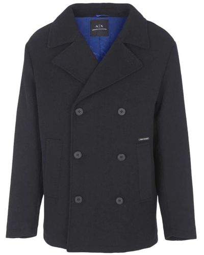 Armani Exchange Cappotto blu in misto lana a doppio petto
