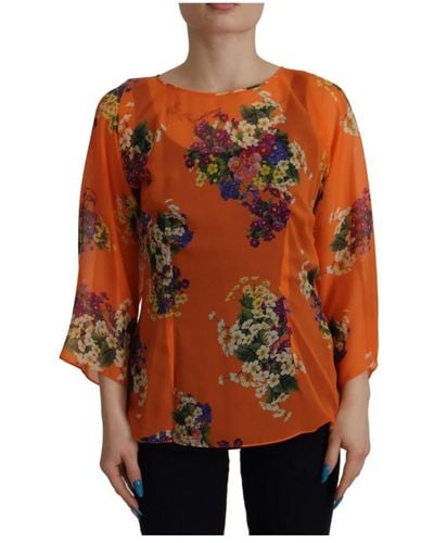 Dolce & Gabbana Blusa a maniche lunghe con stampa floreale arancione