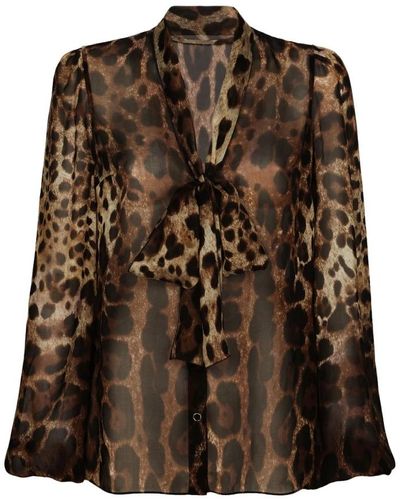 Dolce & Gabbana Camicia leopardo in seta con fiocco - Marrone