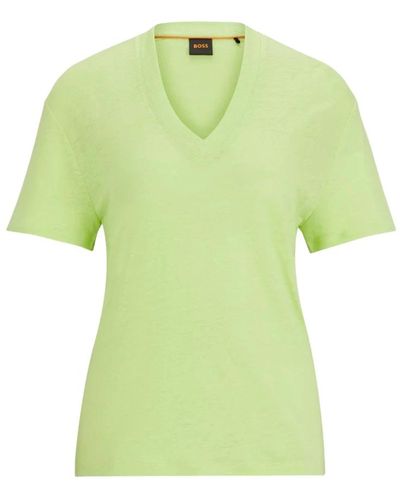 BOSS T-shirt in lino verde con scollo a v