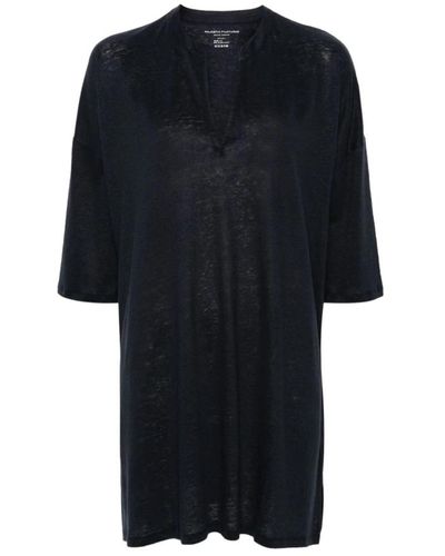 Majestic Filatures Vestido azul de mezcla de lino con escote en v - Negro