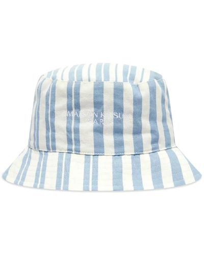 Maison Kitsuné Cappello a secchiello a righe con logo ricamato - Blu