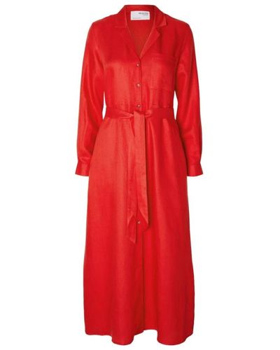 SELECTED Lyra vestido camisero de lino - flame scarlet - Rojo