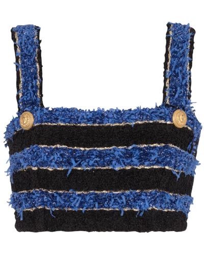 Balmain Crop top a righe in tweed - Blu