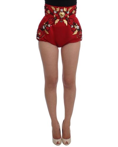 Dolce & Gabbana Rote seidenrosen bestickte kristall hohe taille mini shorts