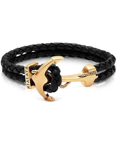 Nialaya 's leather bracelet with gold anchor - Schwarz
