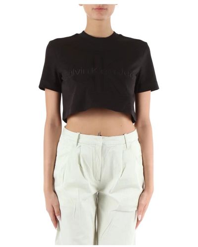 Calvin Klein Gekürztes baumwolle viskose t-shirt - Schwarz