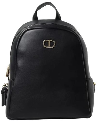 Twin Set Casual-chic schwarze taschen mit metall-logo,schwarzer rucksack aus kunstleder