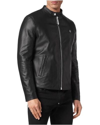 Philipp Plein Leather Jackets - Black