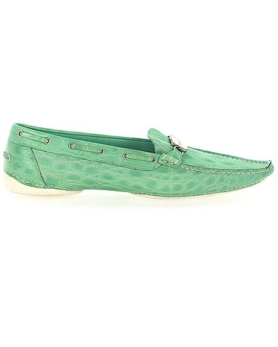 Sergio Rossi Moccasins Embossed Smooth Leather Metal Decorations Green