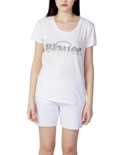 Blauer Camiseta de algodón estilosa para mujer con estampado de moda - Blanco