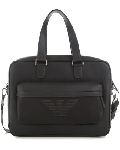 Emporio Armani Elegante schwarze leder-arbeitstasche mit saffiano-druck und nylon-tasche