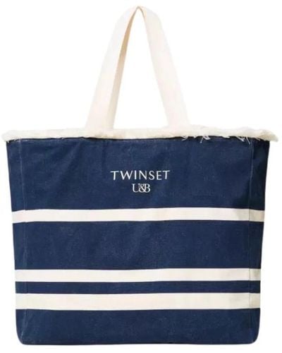 Twin Set Gestreifte canvas-shopper-tasche mit reißverschluss - Blau