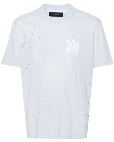 Amiri T-shirt blu con logo distressed - Bianco