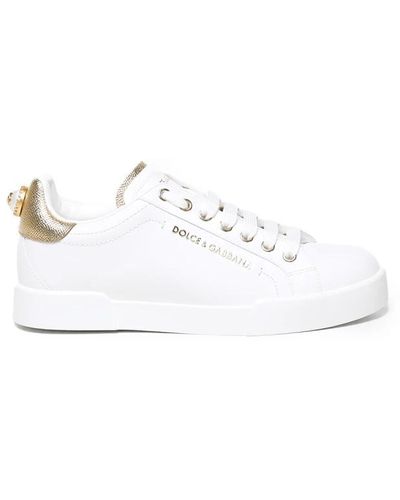 Dolce & Gabbana Weiß gold leder sneakers,weiße sneakers mit faux-perlenverzierung
