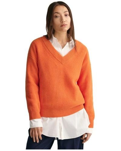 GANT Maglione in lana a collo a v a coste - Arancione