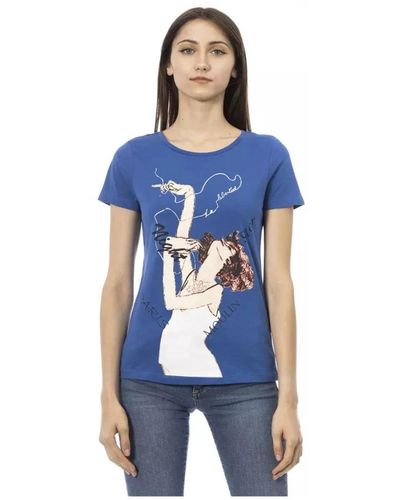 Trussardi Blaues baumwoll-t-shirt mit kurzen ärmeln und frontdruck