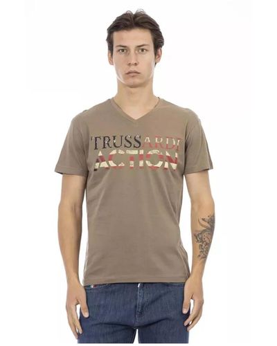 Trussardi T-shirt marrone con scollo a v e stampa frontale - Grigio