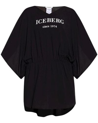 Iceberg Vestido de color sólido con mangas de mariposa y letras delanteras en contraste - Negro