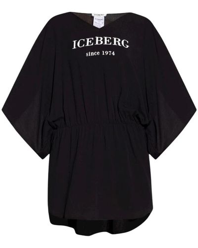 Iceberg Vestito monocolore con maniche a farfalla e lettering anteriore a contrasto - Nero