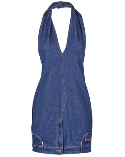 Moschino Kurzes denim-kleid mit v-ausschnitt und offenem rücken - Blau