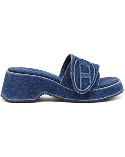 DIESEL Sa-oval d pf w - slide-sandaletten aus denim mit oval d-riemen - Blau