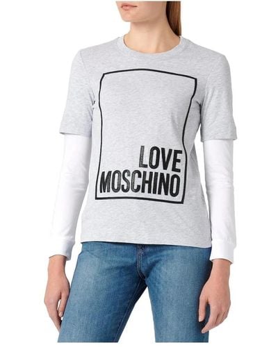 Love Moschino Langarm baumwoll-t-shirt mit logo - Grau