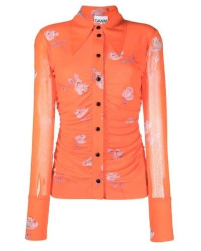 Ganni Bedrucktes mesh-gerafftes hemd, ade farbe - Orange