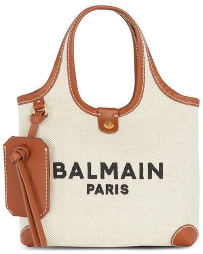Balmain B-army Canvas And Leather Grocery Bag - Natural