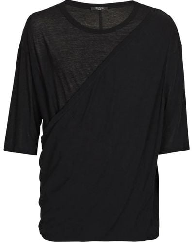 Balmain Maglietta in cotone nera con logo rilievo bianco - Nero