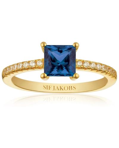 Sif Jakobs Jewellery Anello quadrato placcato in oro con zircone blu
