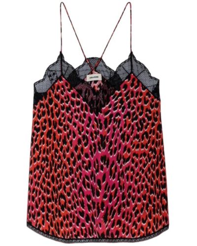 Zadig & Voltaire Canottiera in seta con stampa leopardata e bordi in pizzo - Rosso