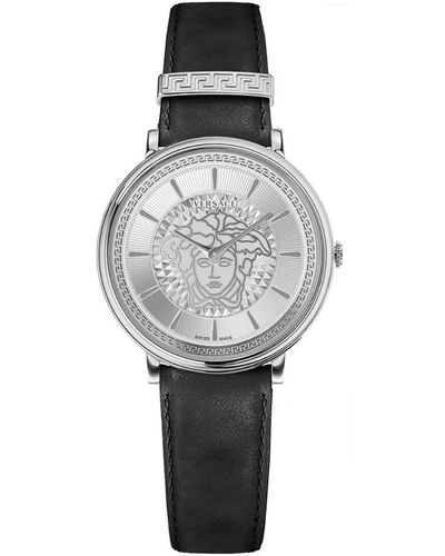 Versace V circle orologio con cinturino in pelle nera - Grigio