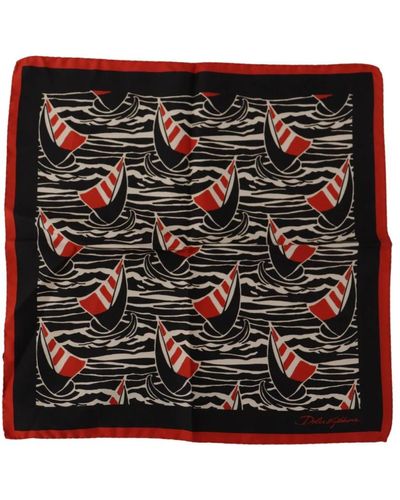 Dolce & Gabbana Red Sailboat Square Handkerchief Silk Scarf - Black