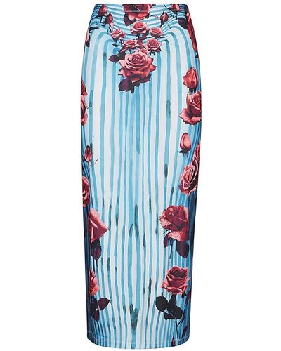 Jean Paul Gaultier Falda midi a rayas azul con estampado de rosas
