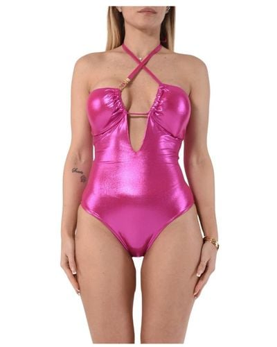 Moschino Glänzender lycra-badeanzug mit metalllogo - Pink