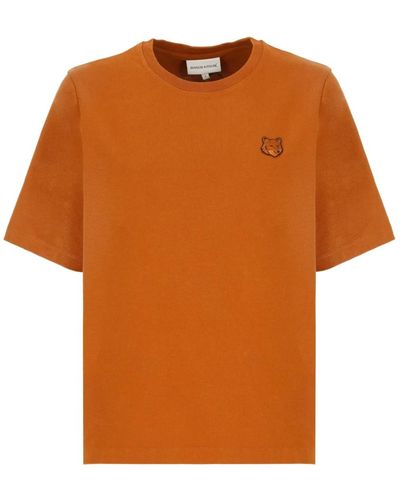 Maison Kitsuné Braunes baumwoll-t-shirt mit logo-patch - Orange