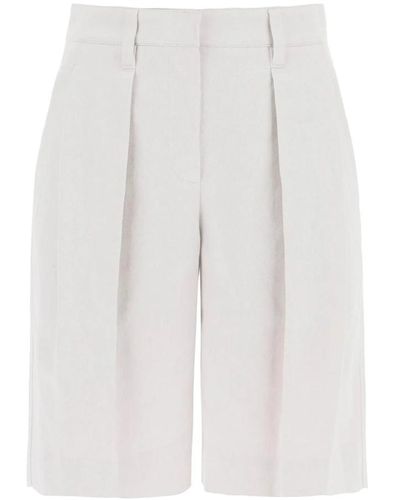 Brunello Cucinelli Shorts de algodón y lino con pliegue - Blanco
