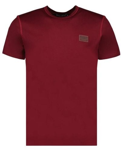 Dolce & Gabbana Baumwoll-T-Shirt V-Ausschnitt mit Logoplakette - Rot