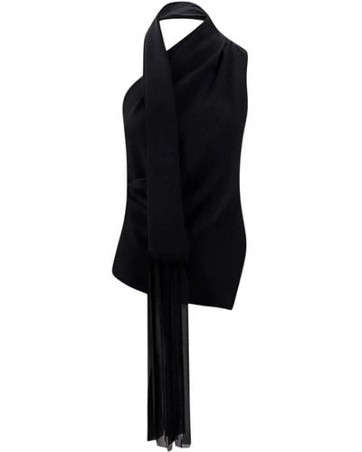 Erika Cavallini Semi Couture Top monospalla asimmetrico con dettaglio sciarpa frangiata - Nero