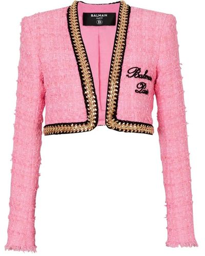 Balmain Jacke aus Tweed mit Signatur-Ketten - Pink