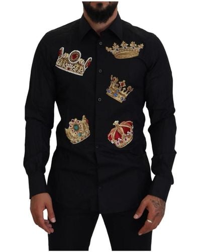 Dolce & Gabbana Black gold crown slim fit dress formal shirt - Nero